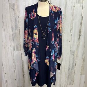 Stella & Julie Plus Size Top with Attached‎ Floral Sheer Kimono Cardigan Overlay